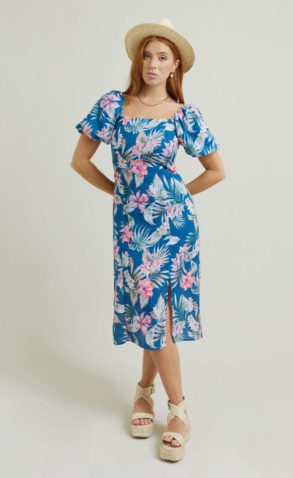 Linen Square Neck Midi Dress Teal/tropical
