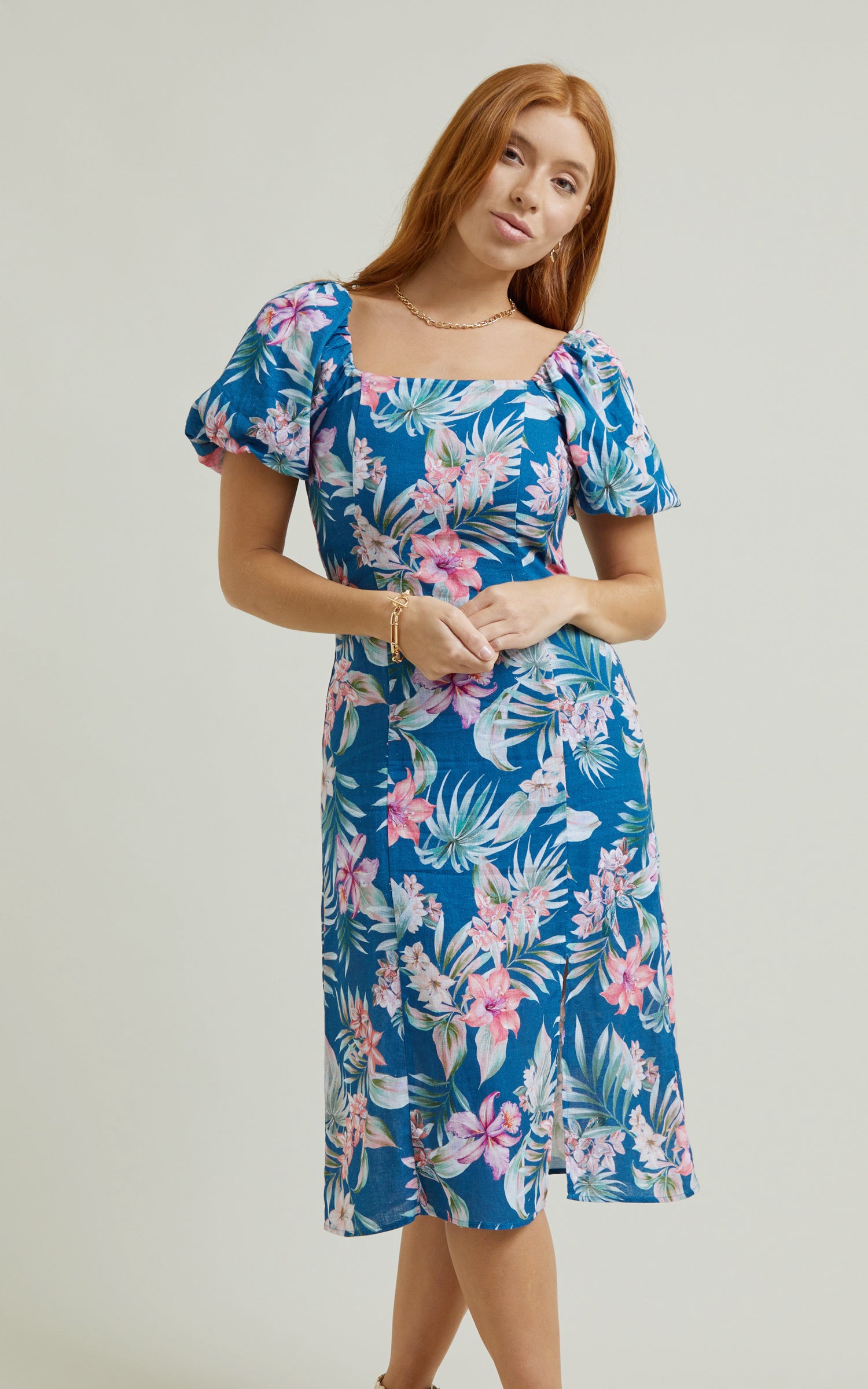 Shop our Linen Square Neck Midi Dress in Teal/tropical | Pagani