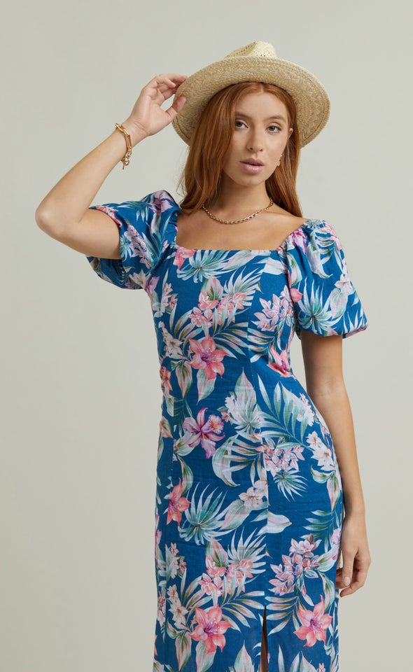 Linen Square Neck Midi Dress Teal/tropical