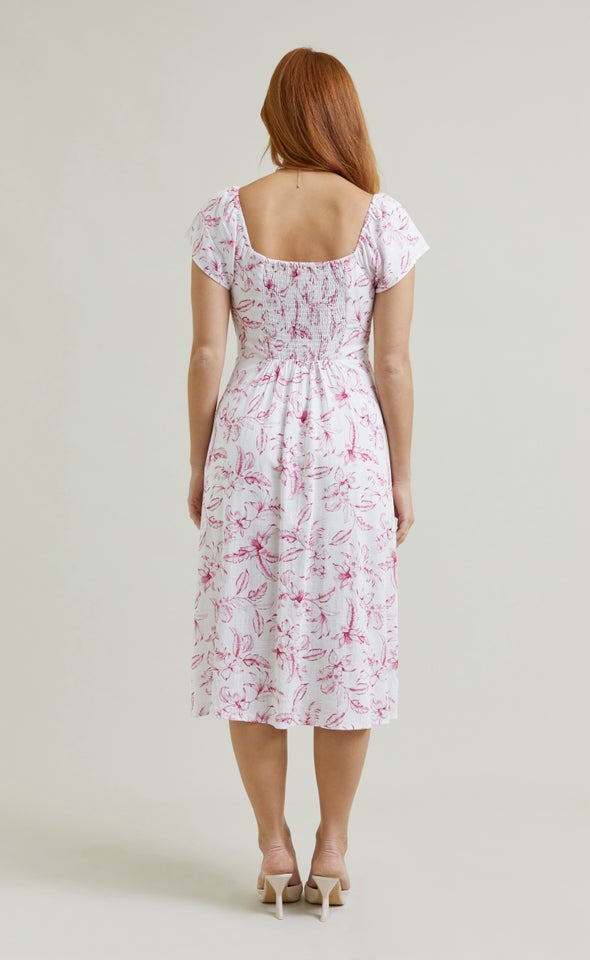Linen Sweetheart Detail Midi Dress Cream/pink
