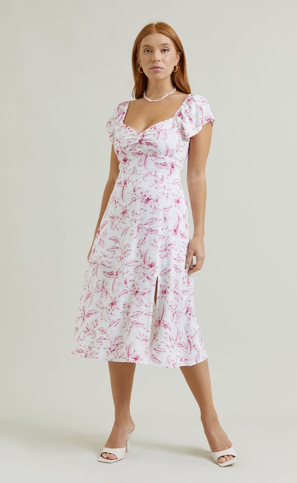 Linen Sweetheart Detail Midi Dress Cream/pink