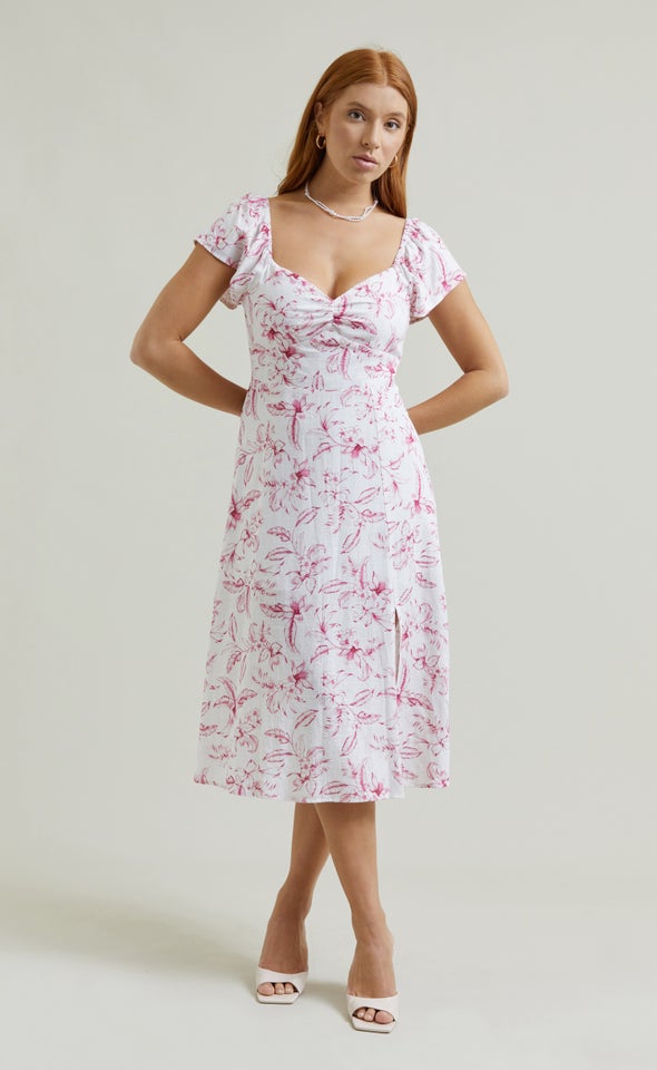 Linen Sweetheart Detail Midi Dress Cream/pink