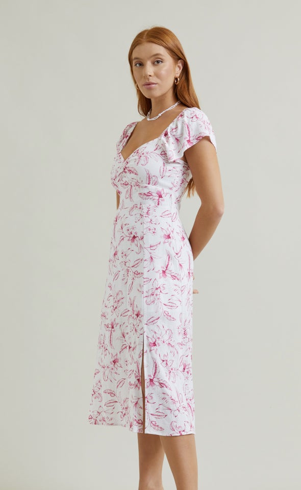 Linen Sweetheart Detail Midi Dress Cream/pink