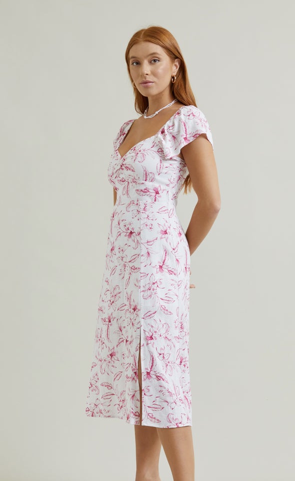 Linen Sweetheart Detail Midi Dress Cream/pink