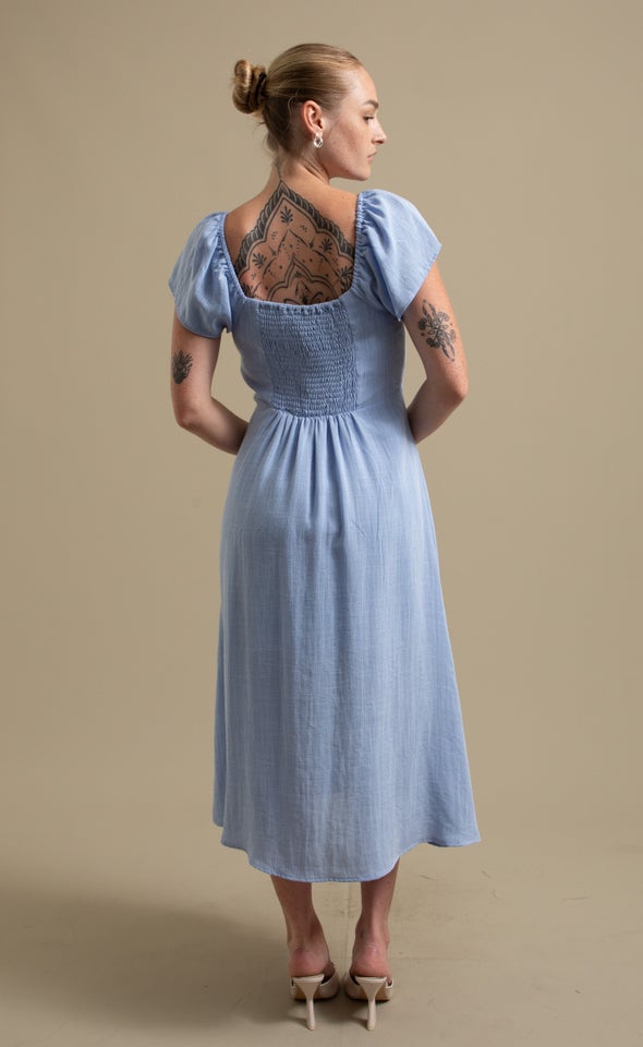 Linen Sweetheart Detail Midi Dress Soft Blue