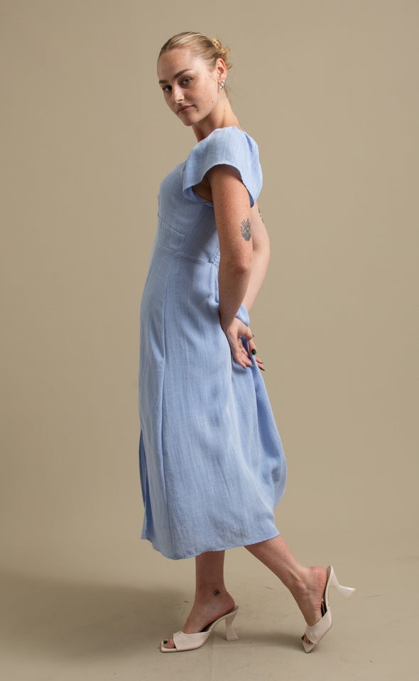 Linen Sweetheart Detail Midi Dress Soft Blue