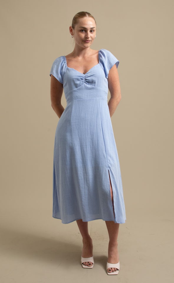 Linen Sweetheart Detail Midi Dress Soft Blue