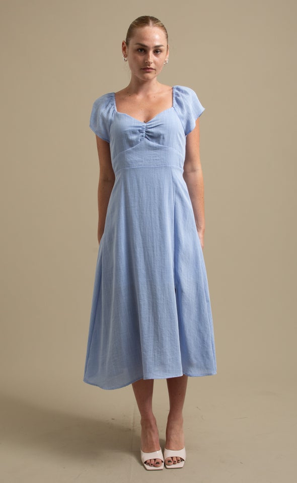 Linen Sweetheart Detail Midi Dress Soft Blue