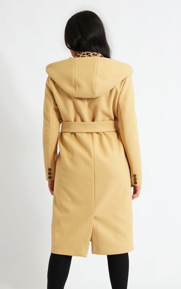 Long Buckled Coat with Hood Camel