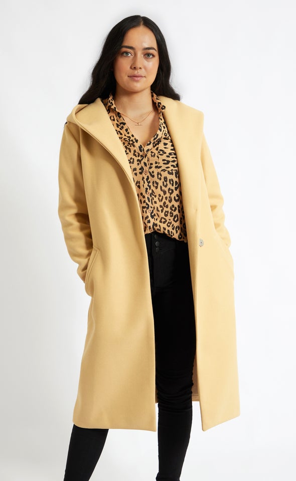 Long Buckled Coat with Hood Camel