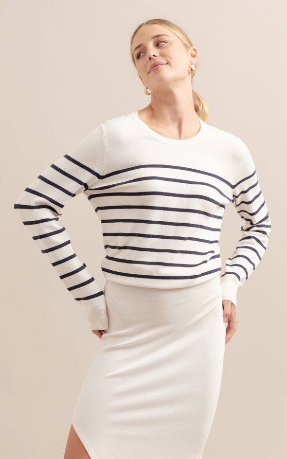 Long Sleeve Striped Sweater Natural/mid Blue Stripe