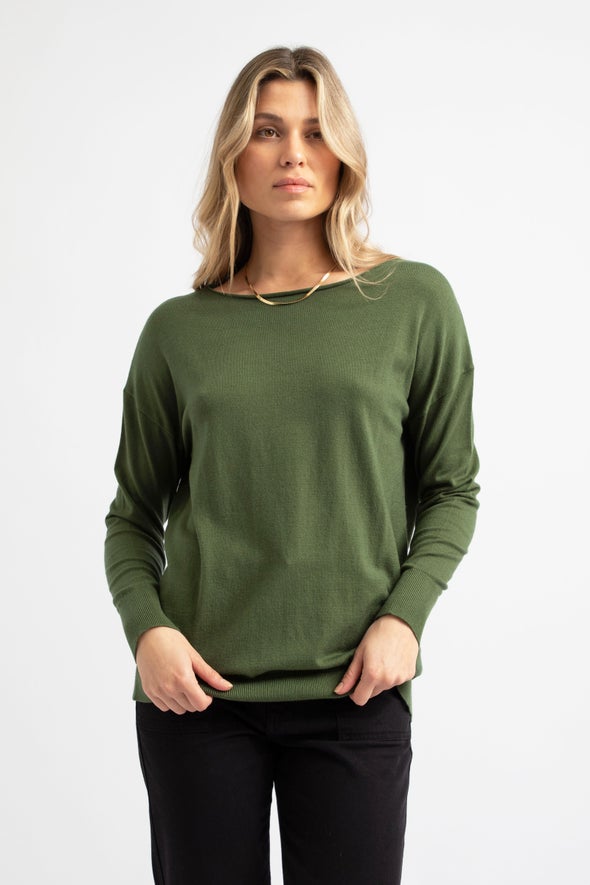 Long Sleeve Boat Neck Sweater Olive