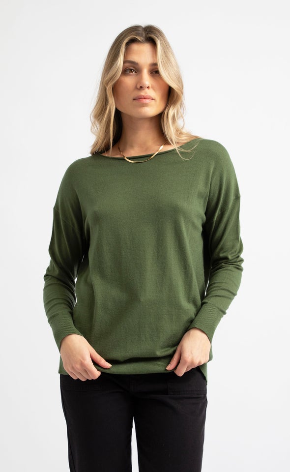 Long Sleeve Boat Neck Sweater Olive
