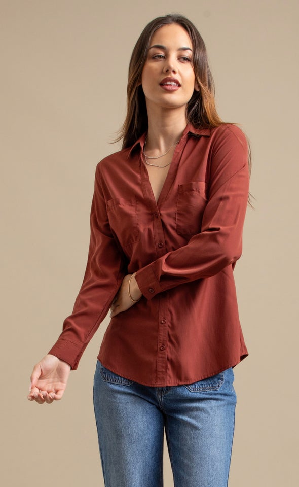 Long Sleeve Poplin Shirt Red Ochre
