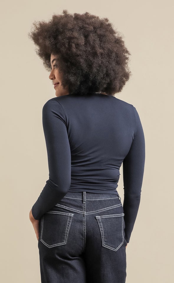 LS Cross Front Ruched Top Navy