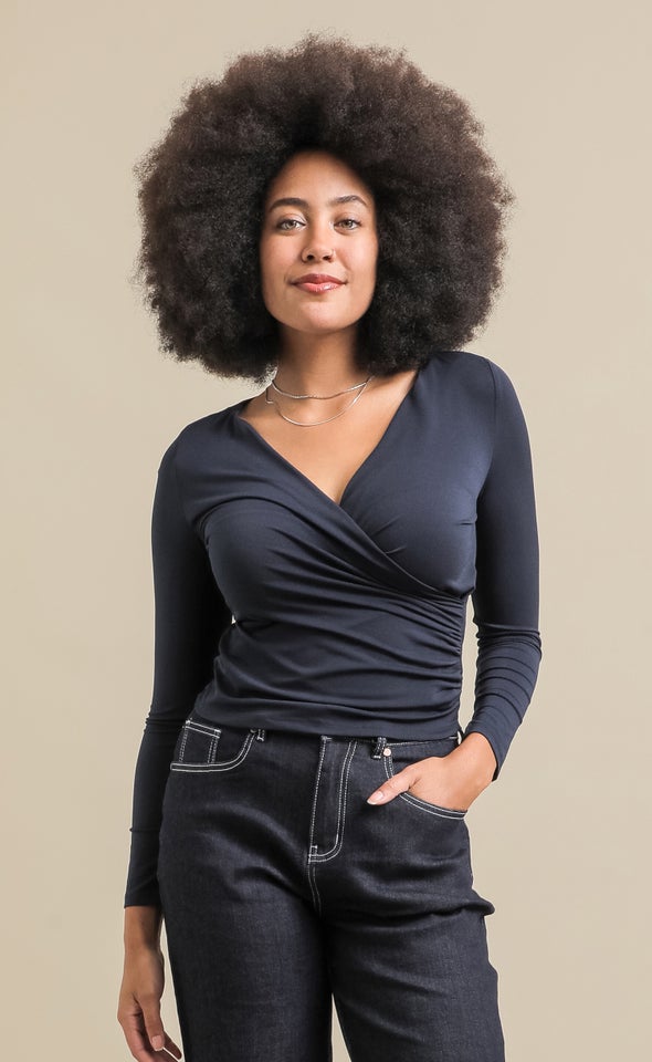 LS Cross Front Ruched Top Navy