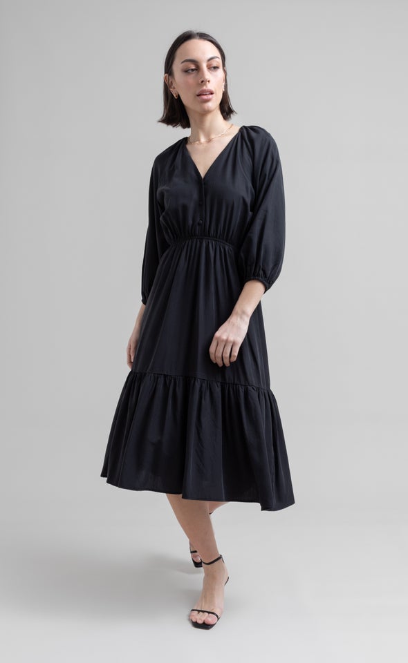 Lyocell Button Detail Midi Dress Black