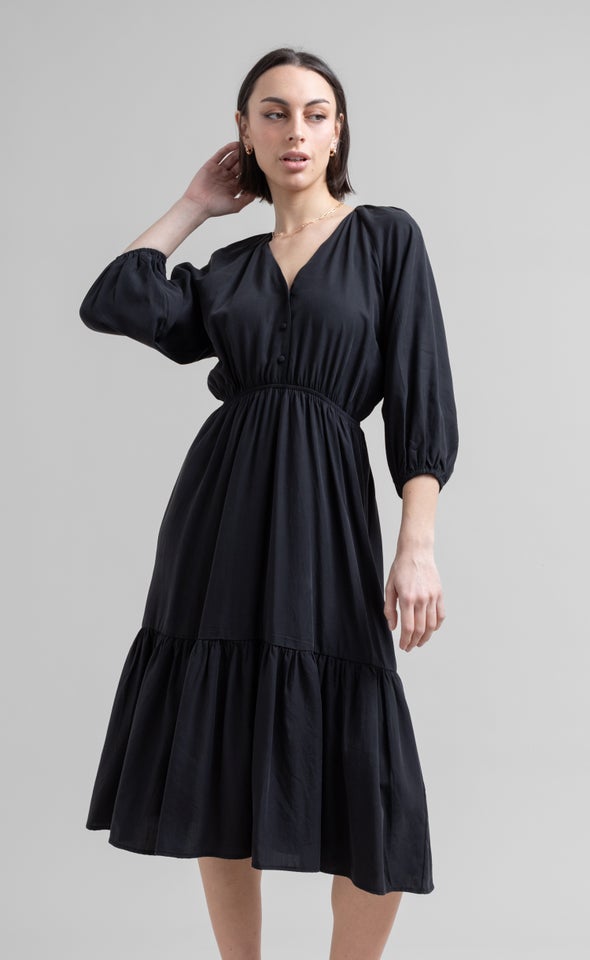 Lyocell Button Detail Midi Dress Black
