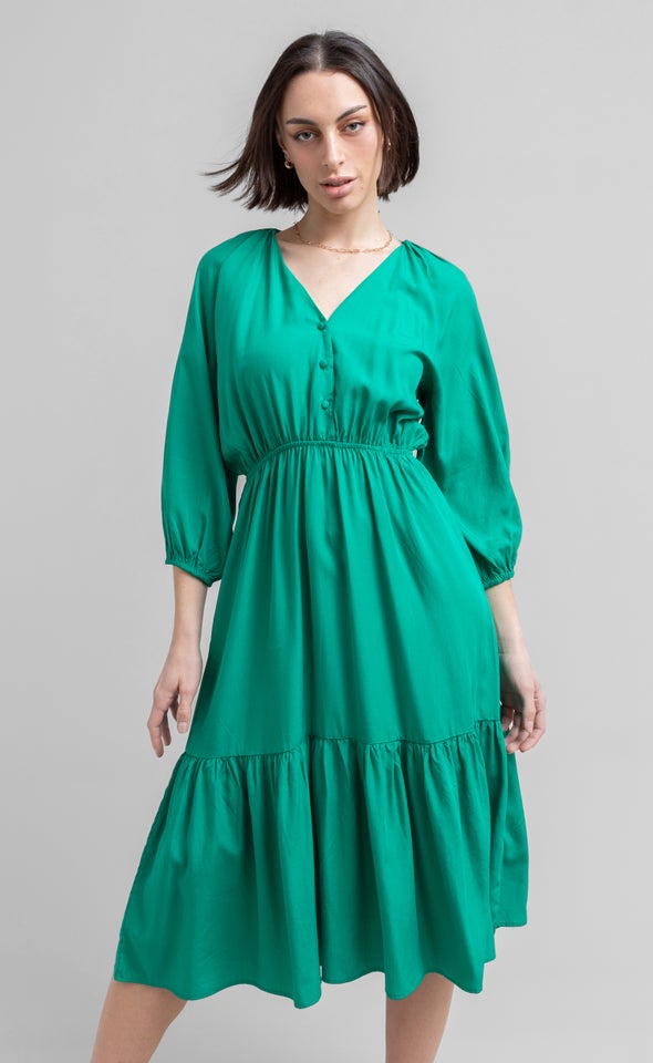 Lyocell Button Detail Midi Dress Green