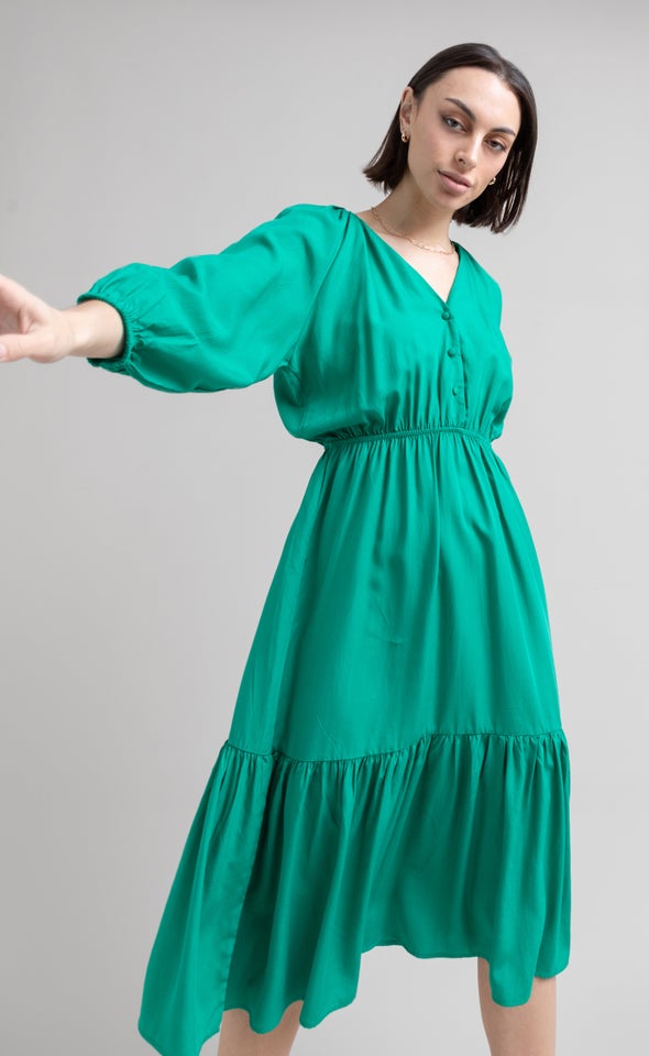 Lyocell Button Detail Midi Dress Green