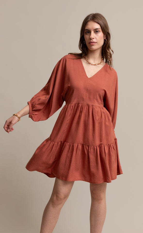 Lyocell Poplin Panelled Dress Rust