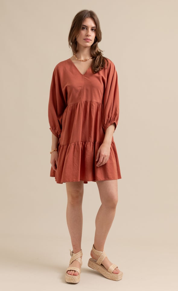 Lyocell Poplin Panelled Dress Rust