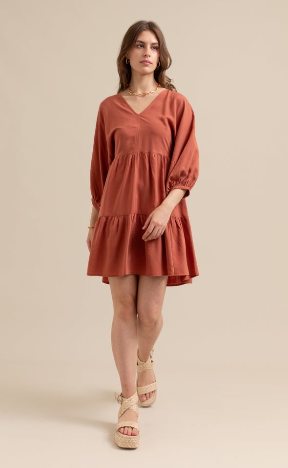 Lyocell Poplin Panelled Dress Rust