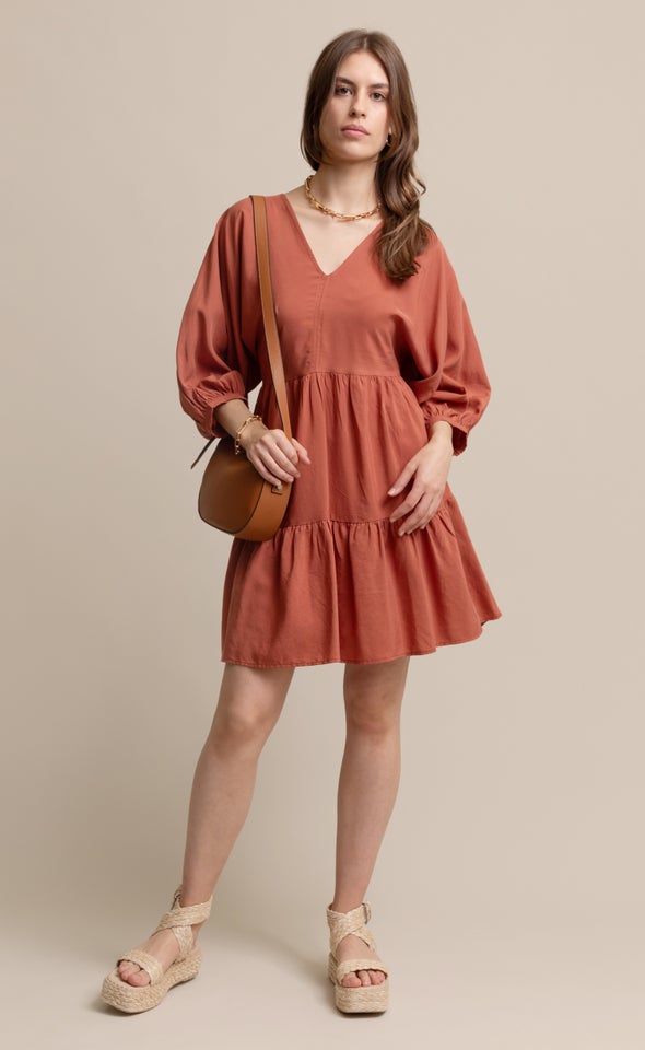 Lyocell Poplin Panelled Dress Rust