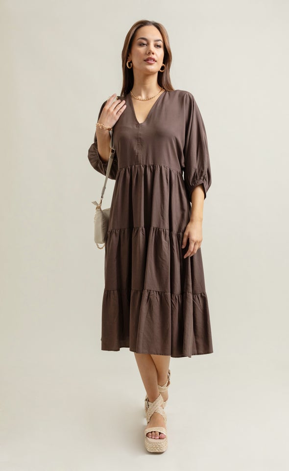 Lyocell Poplin Panelled Midi Dress Chocolate
