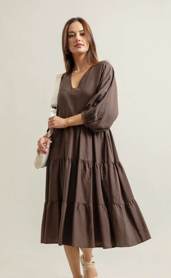 Lyocell Poplin Panelled Midi Dress Chocolate