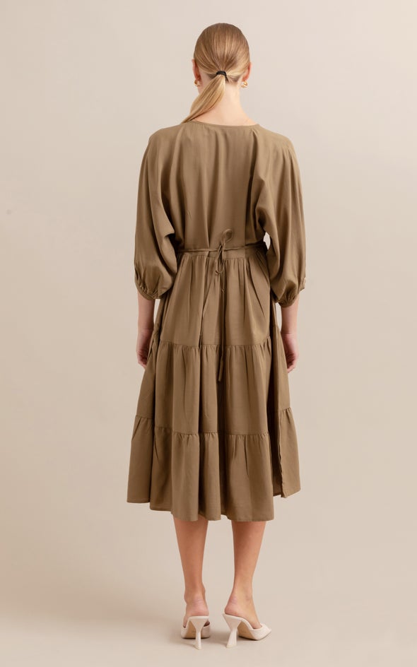 Lyocell Poplin Panelled Midi Dress Khaki