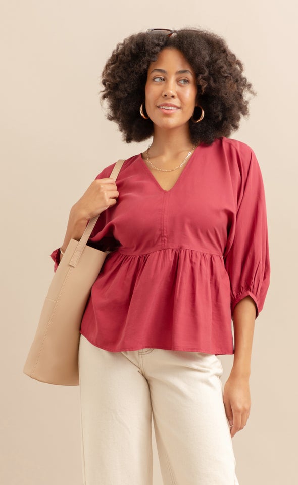 Lyocell Poplin Peplum Top Maroon