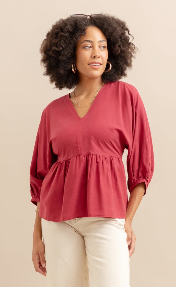 Lyocell Poplin Peplum Top Maroon