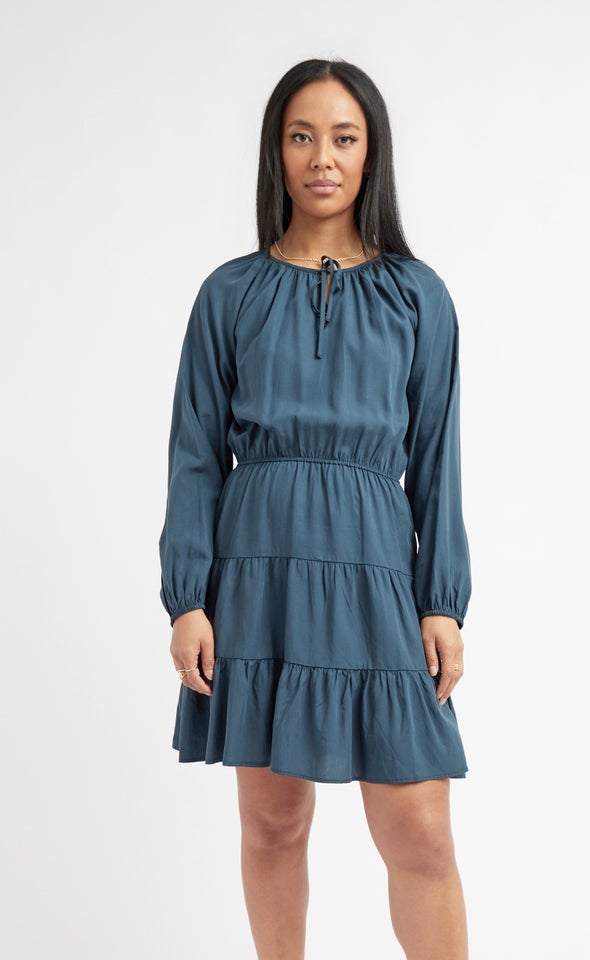 Lyocell Poplin Tie Neck Shirt Dress Slate