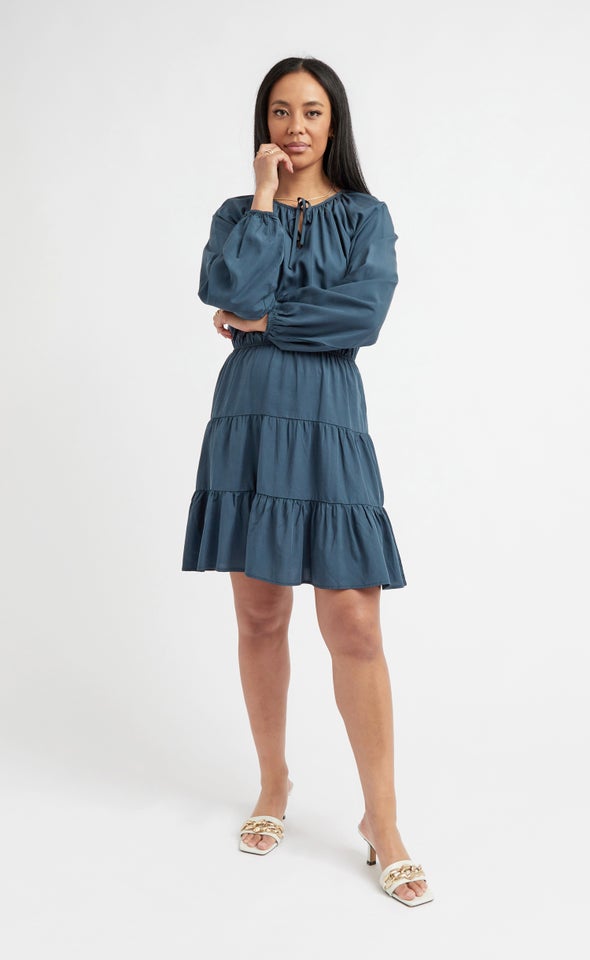 Lyocell Poplin Tie Neck Shirt Dress Slate