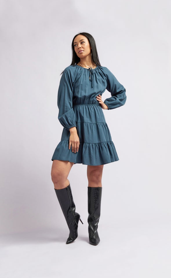Lyocell Poplin Tie Neck Shirt Dress Slate