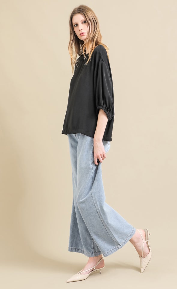 Matte Satin Blouson Sleeve Top Black