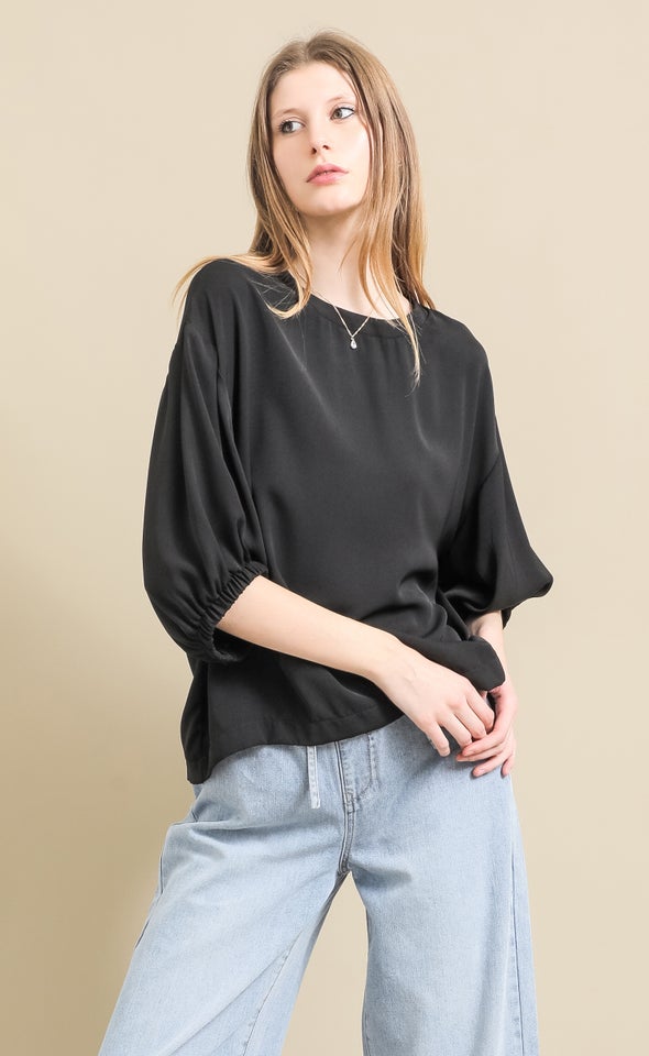 Matte Satin Blouson Sleeve Top Black