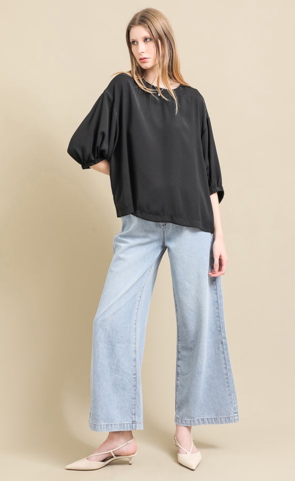 Matte Satin Blouson Sleeve Top Black