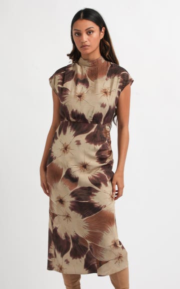 Shop our Matte Satin High Neck Dress in Tan/aubergine | Pagani