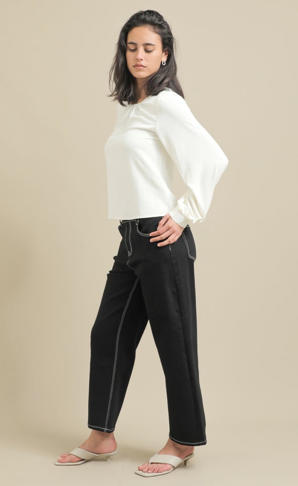 Matte Satin LS Blouson Top Cream