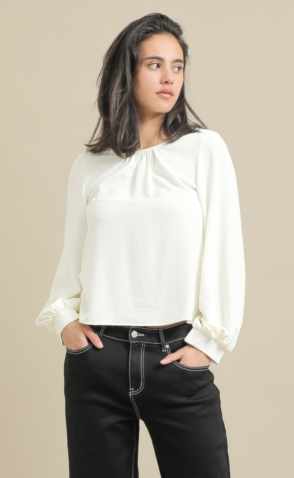 Matte Satin LS Blouson Top Cream