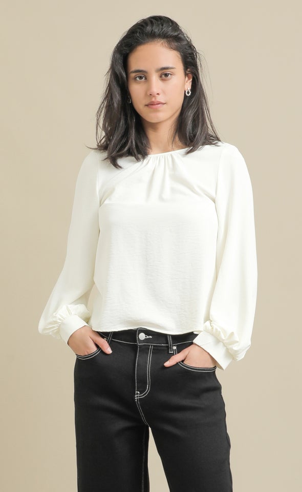 Matte Satin LS Blouson Top Cream