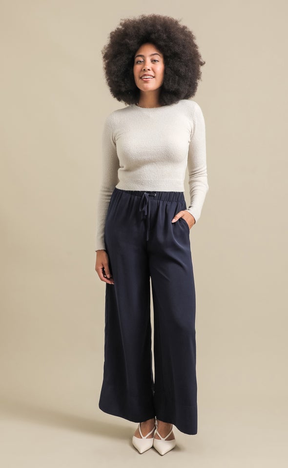 Matte Satin Wide Leg Pants Navy