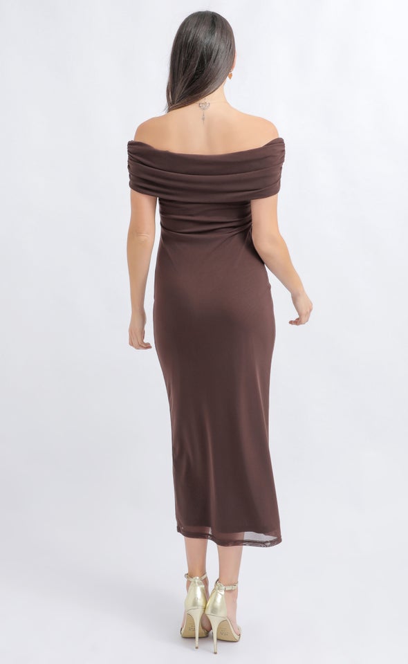 Mesh Bardot Midi Dress Chocolate