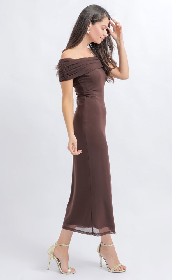 Mesh Bardot Midi Dress Chocolate