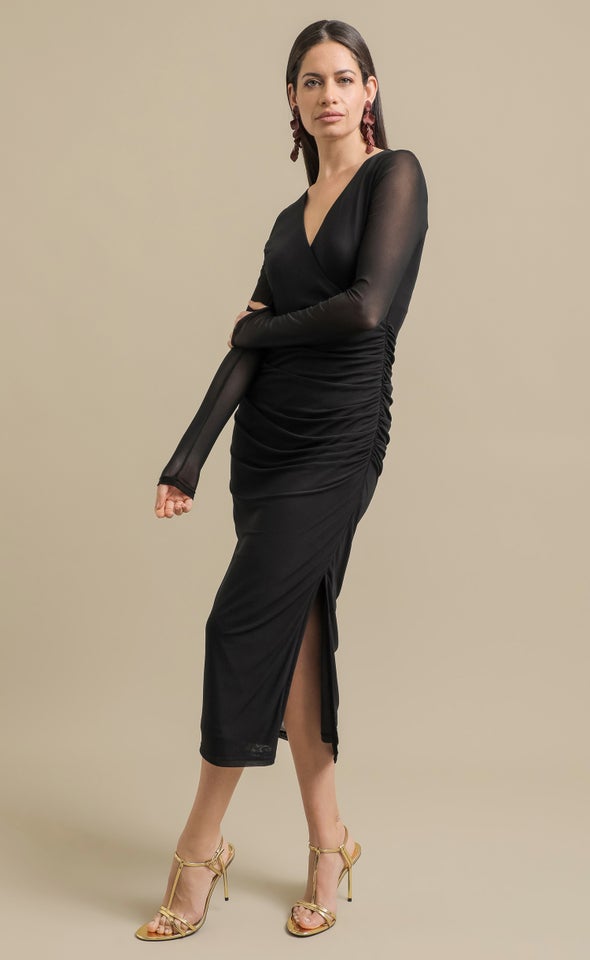 Mesh Crossover Ruched Midi Dress Black