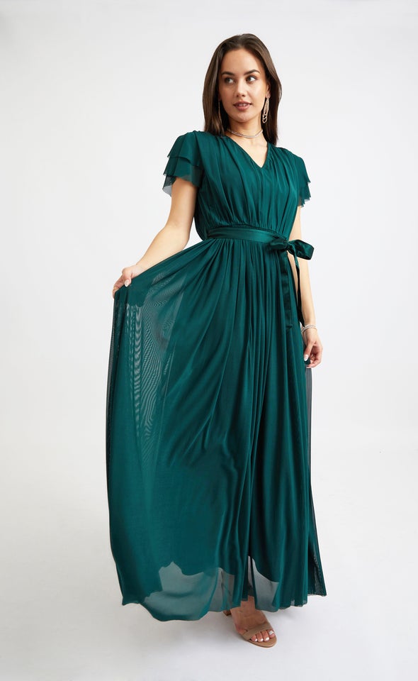 Mesh Flutter Sleeve Gown Emerald