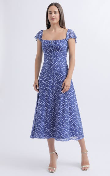 Shop our Mesh Flutter Sleeve Midi Dress in Cobalt floral | Pagani