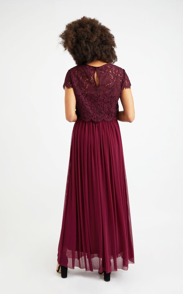 Mesh Lace Overlay Gown Maroon